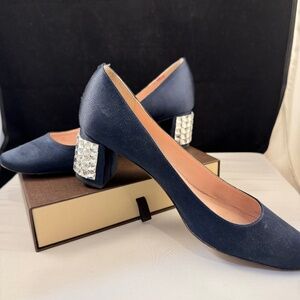 Kate Spade Navy Silk Pumps with Demi Crystal Rhinestone Heels